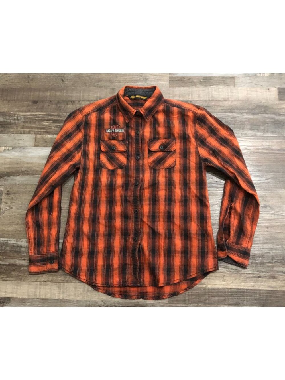 Harley Davidson Womens Small Orange & Black Plaid Flannel Shirt Embroidered